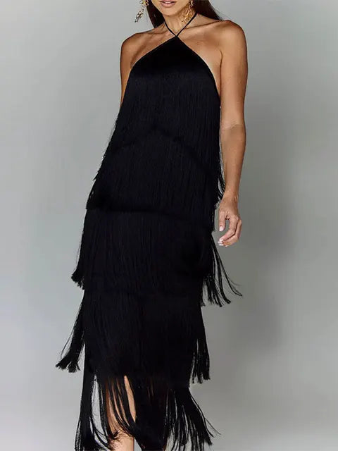 Robe longue à franges métallisées tendance, col licou, chic, sans manches, dos nu, lacets, slim, sexy, pour femme