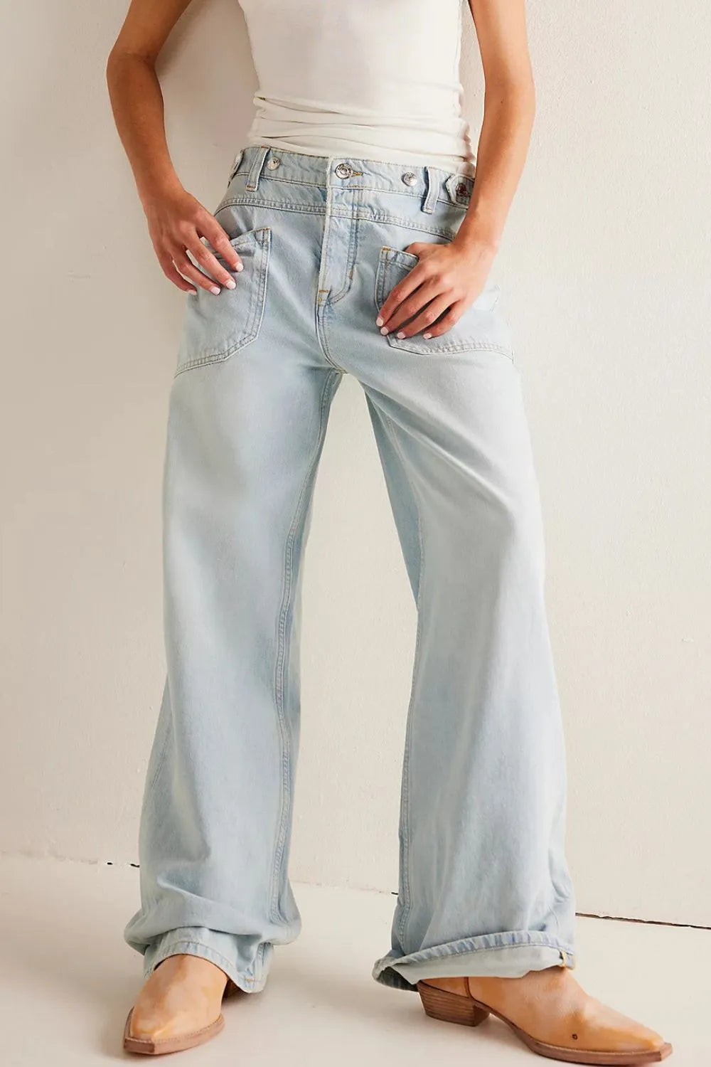 Pantalon Jean large délavé avec poches
