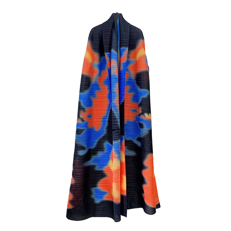 Robe cardigan plissée imprimée, robe à la mode, manteau polyvalent, jupe mi-longue rétro ample