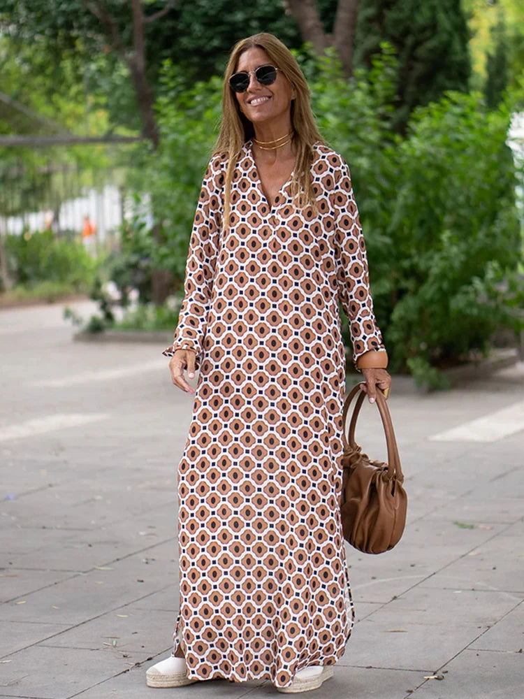 Robe d'été à imprimé géométrique pour femme, fendue sur le côté, col en V, décontractée, manches longues, ample, à la mode