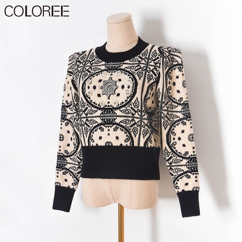 Pulls vintage en jacquard et perles pour femmes, mode automne-hiver, vêtements de créateurs