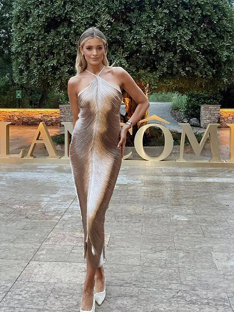 Robe longue dos nu à franges dorées et argentées pour femme, tenue moulante sexy sans manches, nouvelle collection élégante de soirée