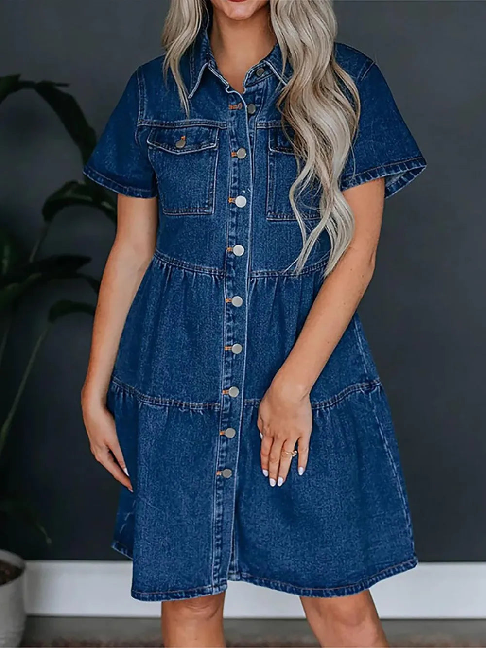 Robe en jean à poches, col boutonné, manches courtes Opération réussie
