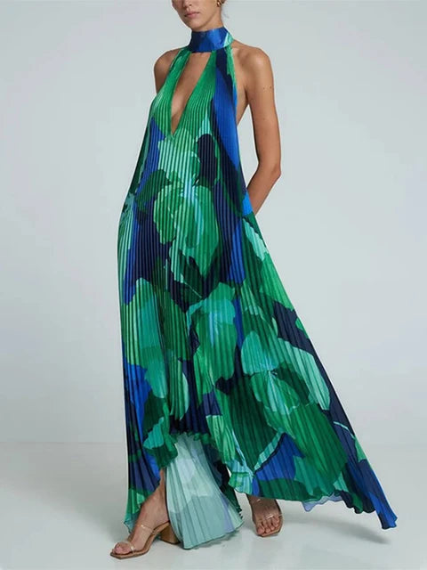 Robe sexy plissée à imprimé licou pour femme, ample, col en V, sans manches, dos nu, volants irréguliers, été