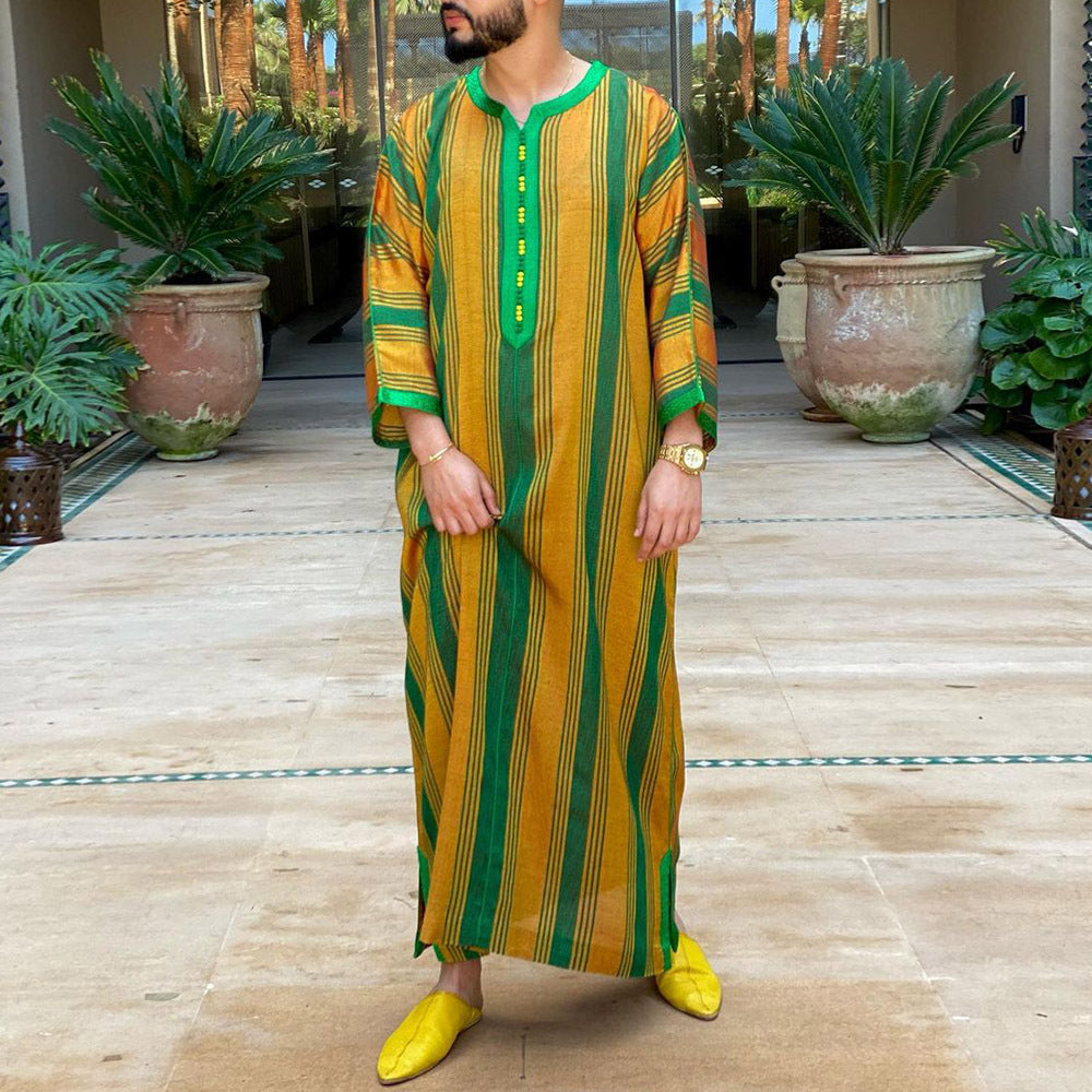 Nouveaux vêtements, Robe Qamis de style ethnique saoudien, ample à manches longues et à rayures contrastées pour hommes