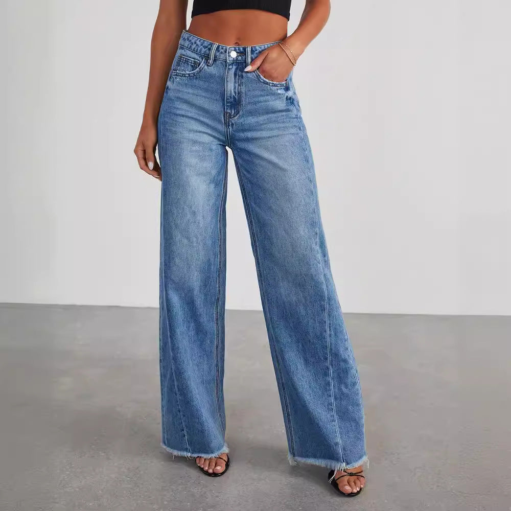 Pantalon Jean ample à jambes larges et ourlet brossé pour femme