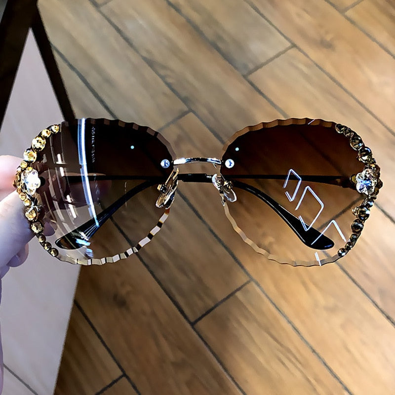 Lunettes de soleil tendance sans monture pour femmes, verres solaires de luxe à strass, style vintage, verres scintillants, verres UV400