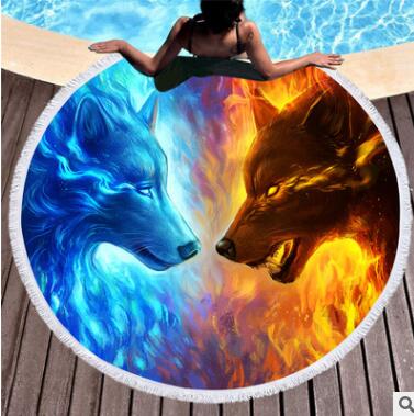Grande serviette de plage ronde Fire and Ice de JoJoesArt pour adultes, en microfibre, imprimée loup, avec pompon, couverture de 150 cm