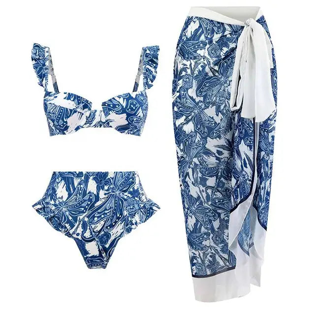 Maillot de bain bikini fendu imprimé vintage pour femme, ensemble sans bretelles, manches bouffantes, cache-maillot, jupe en mousseline de soie, pour la plage, piscine