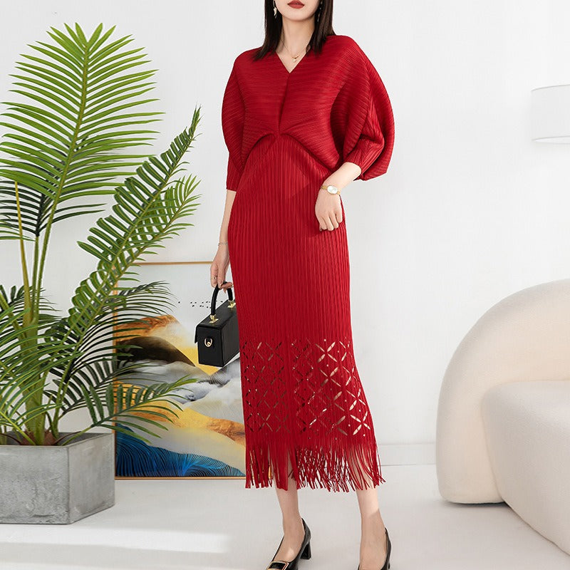 Robe de haute qualité solide designer col en V bureau travail dames maxi robes pour femmes manches chauve-souris élégante robe de soirée