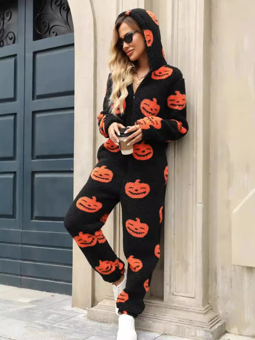 Pumpkin Half Zip Hooded Jumpsuit