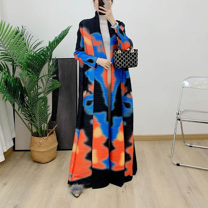 Robe cardigan plissée imprimée, robe à la mode, manteau polyvalent, jupe mi-longue rétro ample