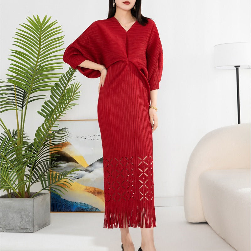 Robe de haute qualité solide designer col en V bureau travail dames maxi robes pour femmes manches chauve-souris élégante robe de soirée