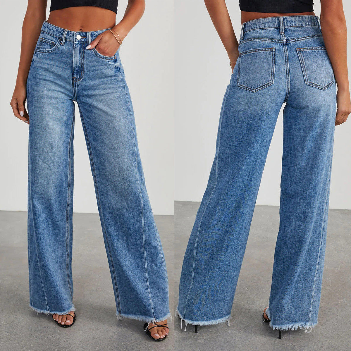 Pantalon Jean ample à jambes larges et ourlet brossé pour femme