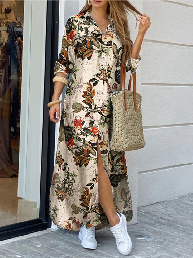 Robe à manches longues à carreaux, robe longue de plage, robe d'été élégante pour femmes, robe chemise longue boutonnée