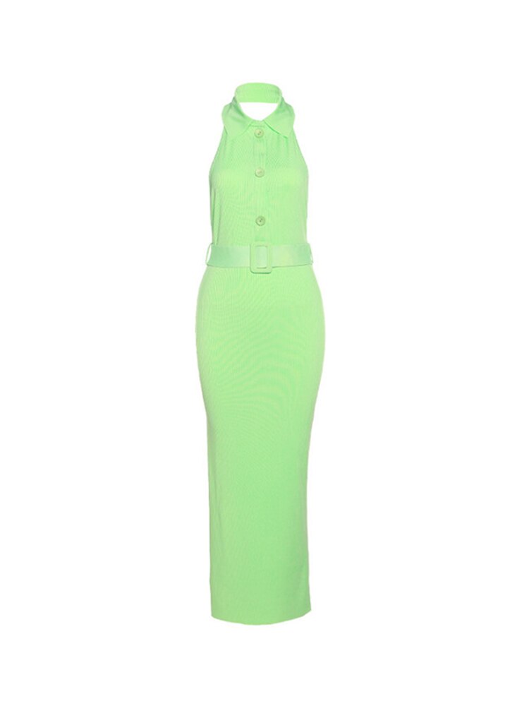 Robe longue verte à simple boutonnage pour femme, tricot élégant, col rabattu, slim, robes féminines, été, sexy, dos nu, robe pour femme