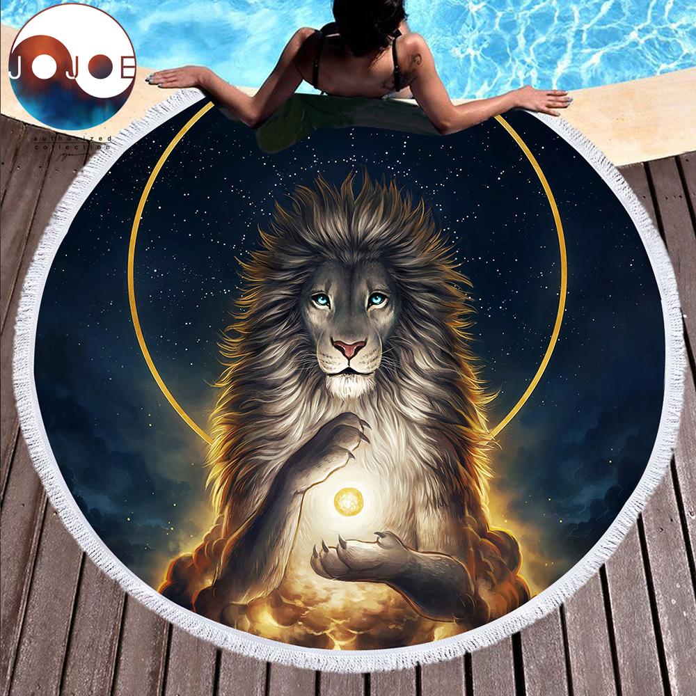 Serviette de plage ronde en microfibre pour adultes, serviette d'été à pompons, tapis de yoga, motif lion, imprimée à la main, 150 cm