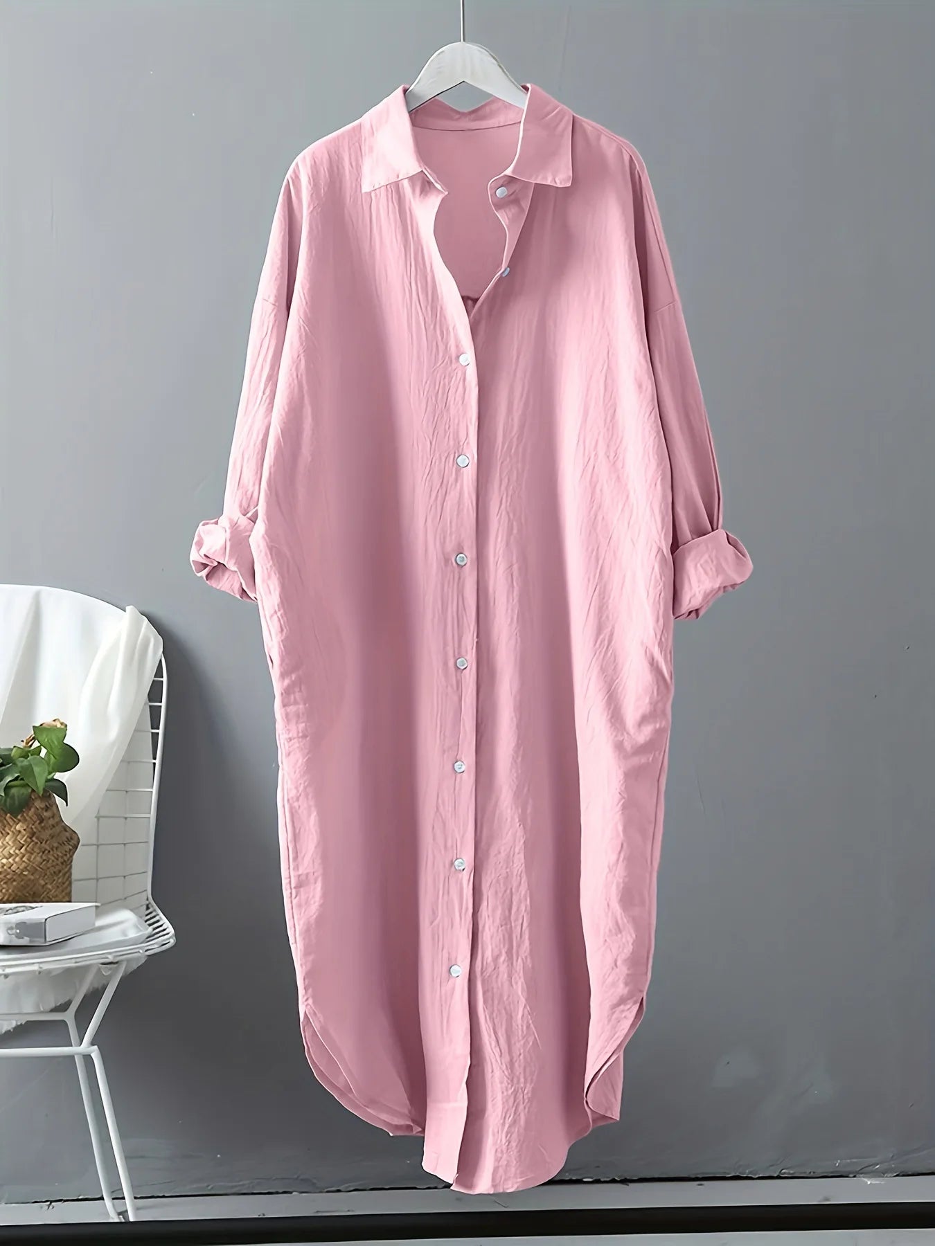 Robe chemise  mi-longue coton et lin à manches longues pour femme, décontractée, confortable, avec boutons blancs