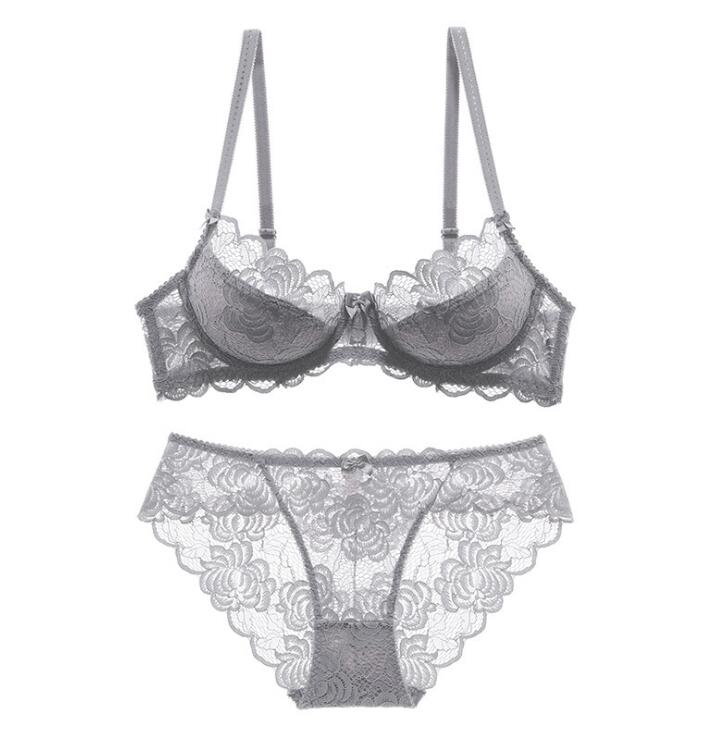 Ensemble de soutien-gorge sexy ultra-fin, grande taille, bonnet C et D, transparent, en dentelle brodée, gris