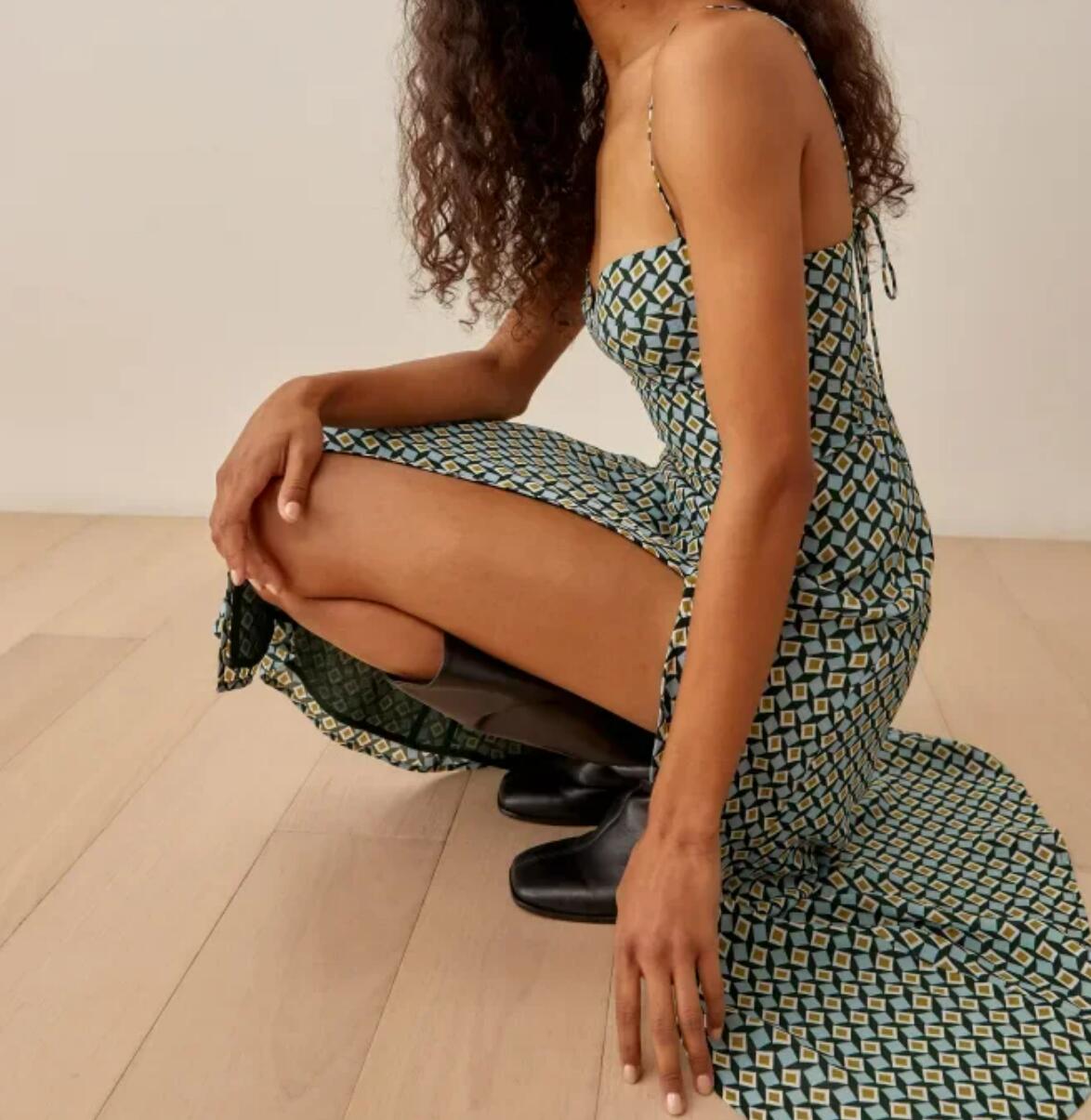 Robe mi-longue romantique à imprimé géométrique bleu, bretelles spaghetti, style rétro, laçage, fente latérale, robe de vacances