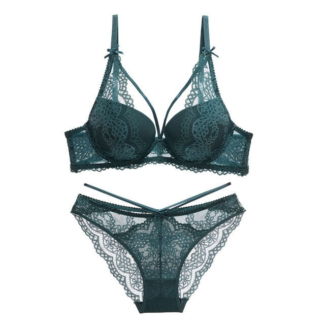 Ensemble de sous-vêtements verts pour femmes, soutien-gorge push-up, soutien-gorge en coton épais, noir, froncé, sexy, culotte, ensemble de lingerie en dentelle brodée