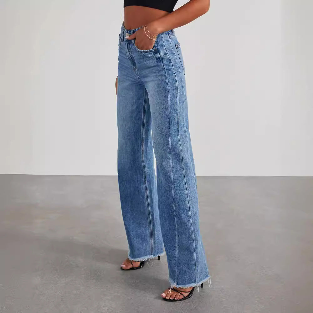 Pantalon Jean ample à jambes larges et ourlet brossé pour femme
