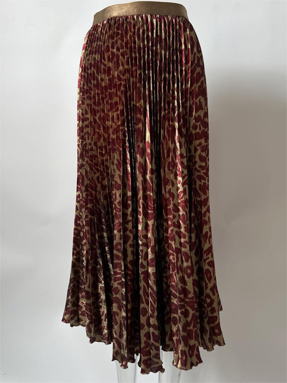 Jupe mi-longue fluide à imprimé léopard métallique léger et luxueux, taille haute, avec taille élastique, large ourlet et jupe plissée