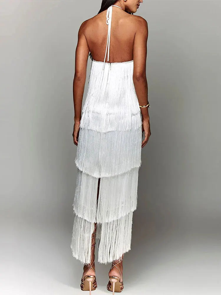 Robe longue à franges métallisées tendance, col licou, chic, sans manches, dos nu, lacets, slim, sexy, pour femme