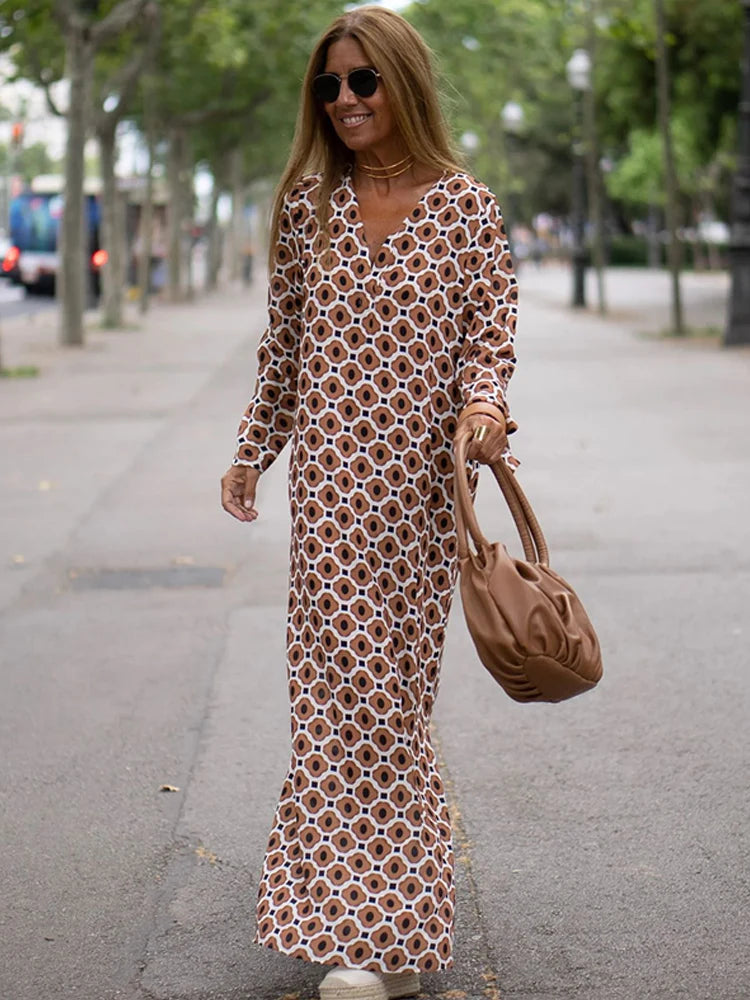 Robe d'été à imprimé géométrique pour femme, fendue sur le côté, col en V, décontractée, manches longues, ample, à la mode
