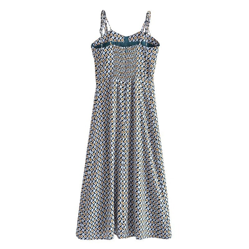 Robe mi-longue romantique à imprimé géométrique bleu, bretelles spaghetti, style rétro, laçage, fente latérale, robe de vacances