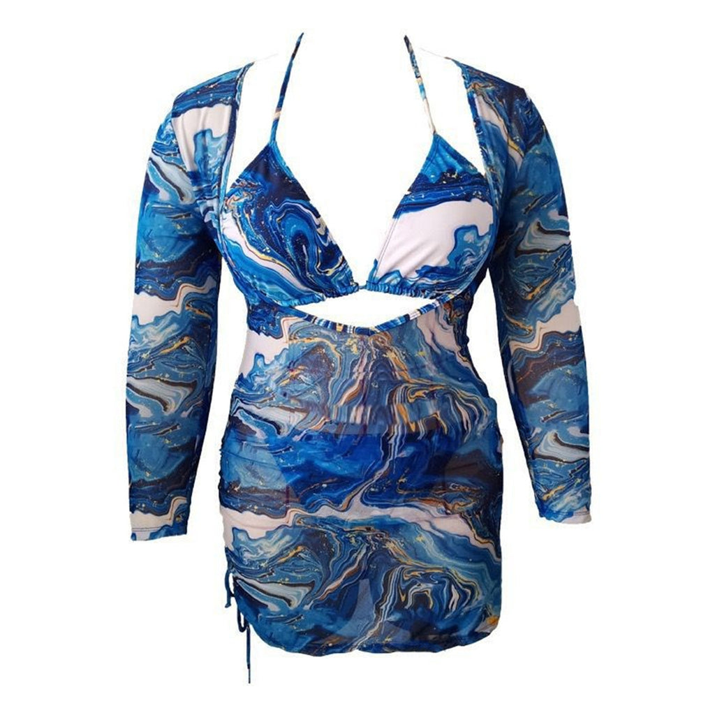 Nouveau bikini trois pièces à impression numérique, manches longues, chemisier en maille pour protection solaire, maillot de bain grande taille