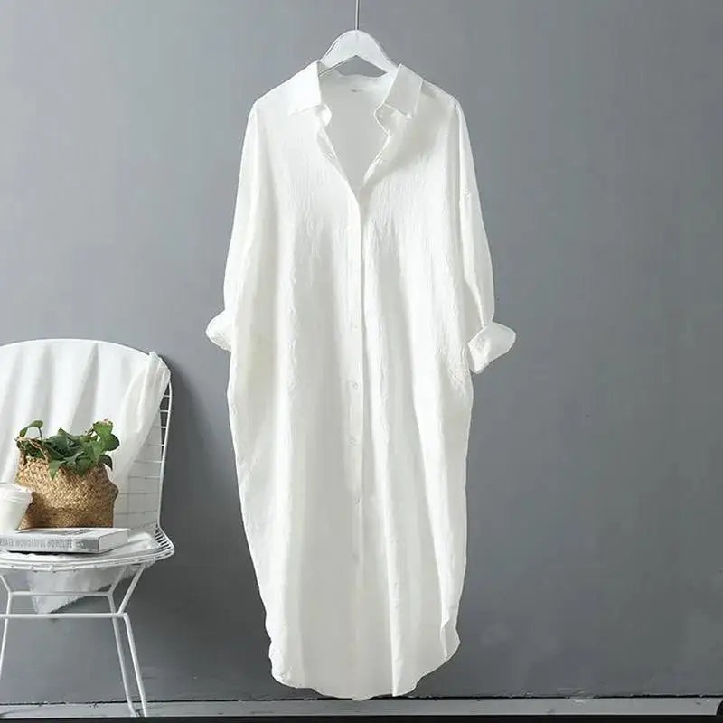 Robe chemise  mi-longue coton et lin à manches longues pour femme, décontractée, confortable, avec boutons blancs