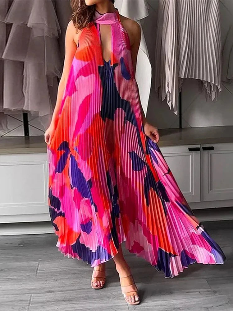 Robe sexy plissée à imprimé licou pour femme, ample, col en V, sans manches, dos nu, volants irréguliers, été