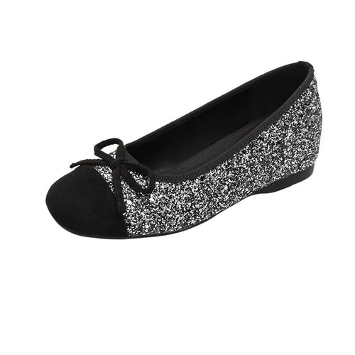 Ballerines classiques à semelle plate à paillettes argentées de style français pour femmes