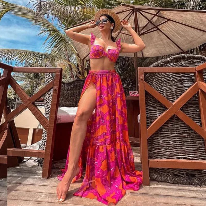 Maillot de bain bikini fendu imprimé vintage pour femme, ensemble sans bretelles, manches bouffantes, cache-maillot, jupe en mousseline de soie, pour la plage, piscine