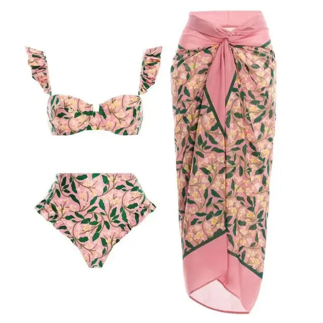 Maillot de bain bikini fendu imprimé vintage pour femme, ensemble sans bretelles, manches bouffantes, cache-maillot, jupe en mousseline de soie, pour la plage, piscine