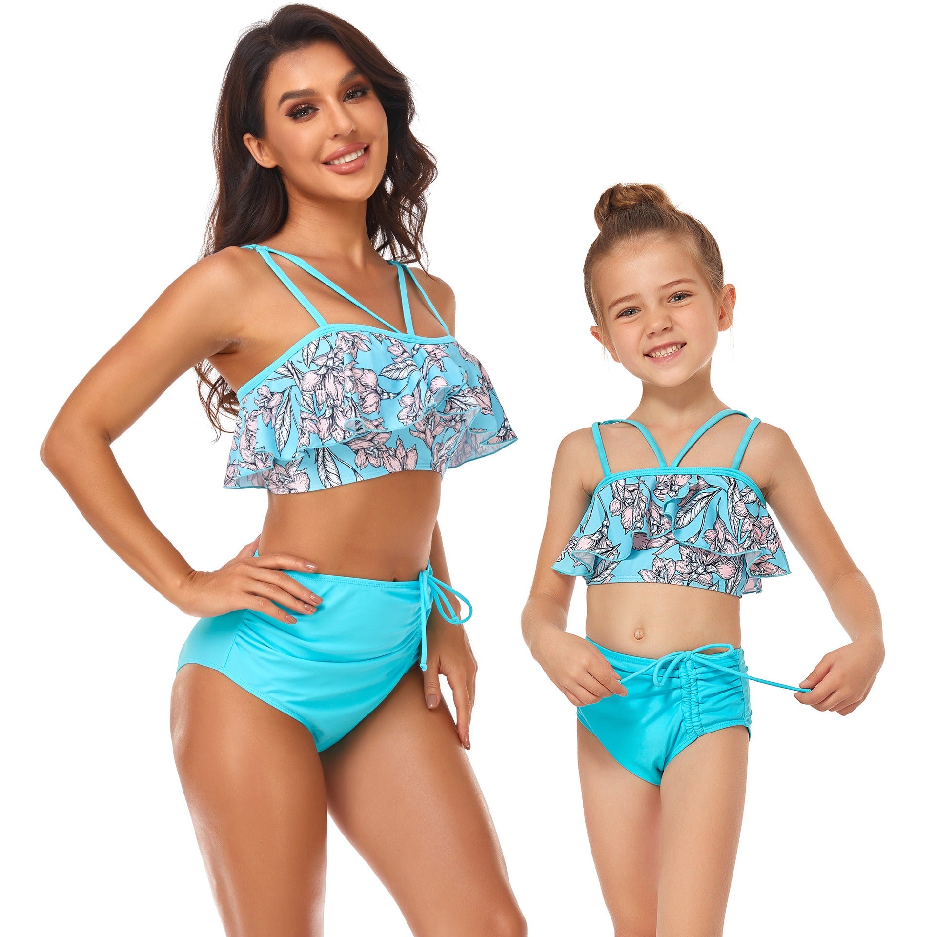 Maillot de bain taille haute mère et fille, avec cordon de serrage et volants, doublé, pour parents et enfants
