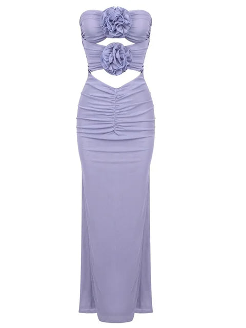 Robe longue sexy à fleurs 3D ajourée pour femme, élégante, épaules dénudées, sans manches, dos nu, robe de soirée