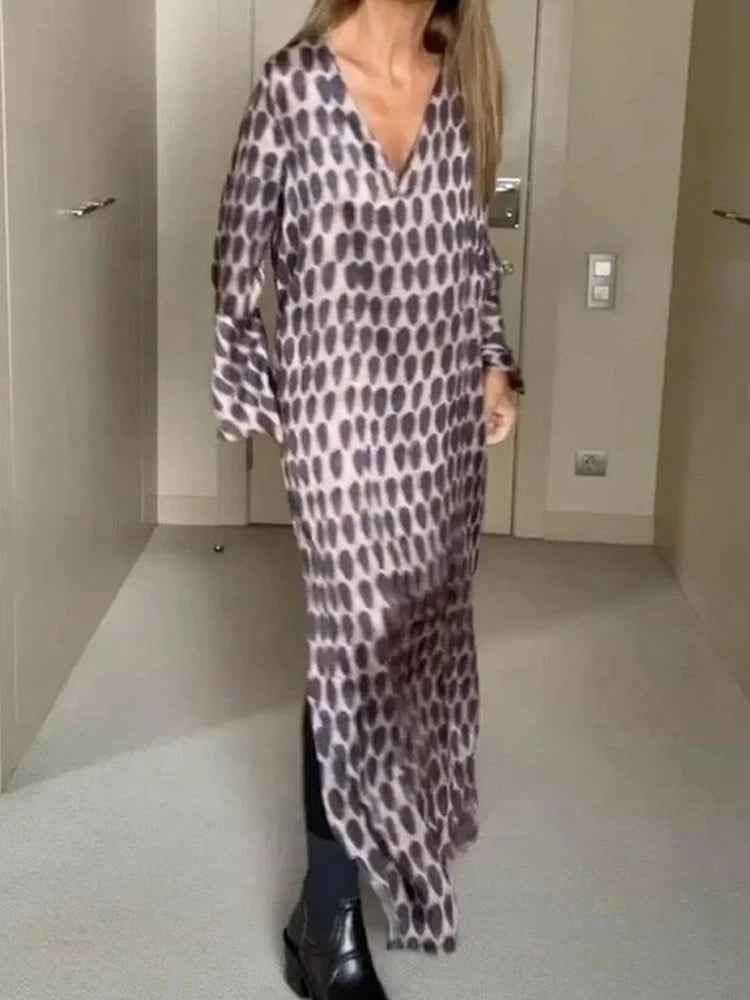 Robe d'été à imprimé géométrique pour femme, fendue sur le côté, col en V, décontractée, manches longues, ample, à la mode