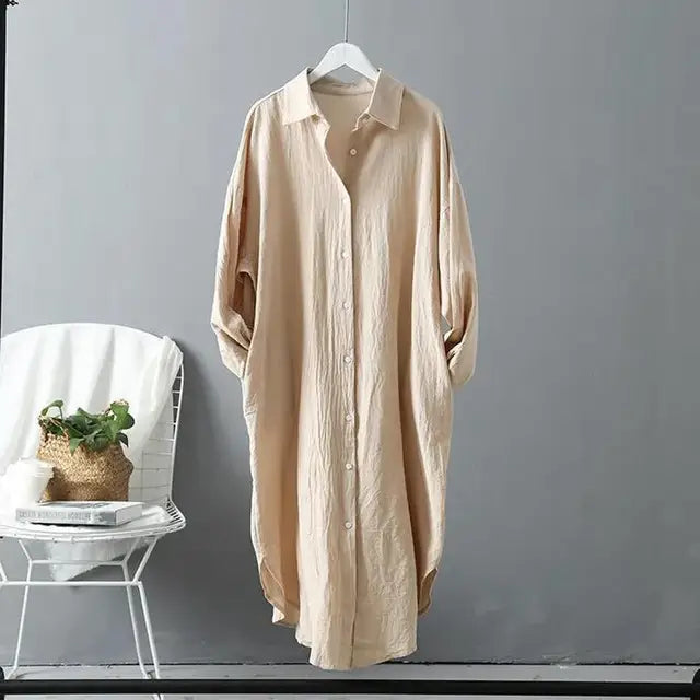 Robe chemise  mi-longue coton et lin à manches longues pour femme, décontractée, confortable, avec boutons blancs