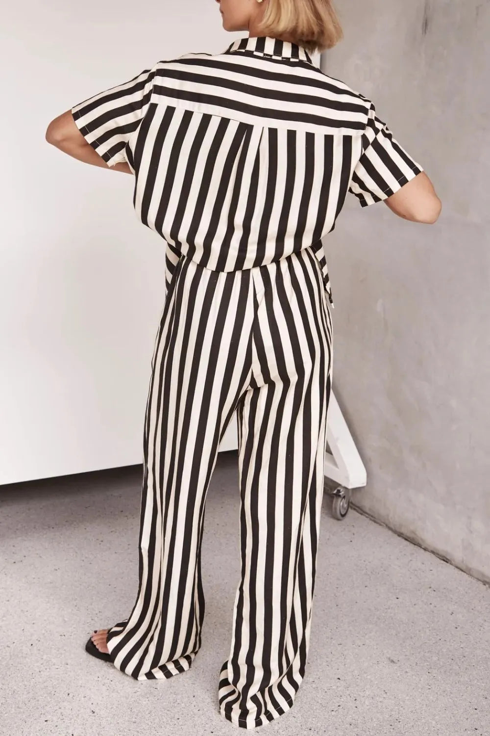 Striped Collared Neck Half Sleeve Top and Pants Set