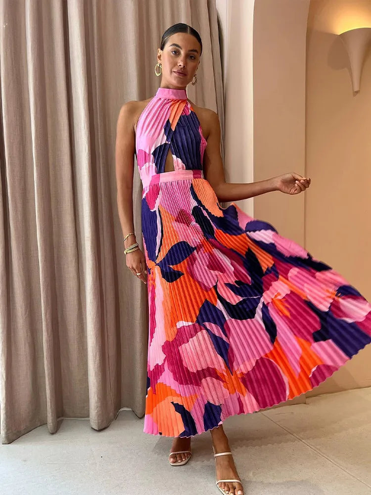 Robe sexy plissée à imprimé licou pour femme, ample, col en V, sans manches, dos nu, volants irréguliers, été