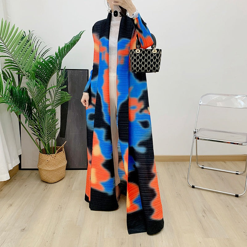 Robe cardigan plissée imprimée, robe à la mode, manteau polyvalent, jupe mi-longue rétro ample