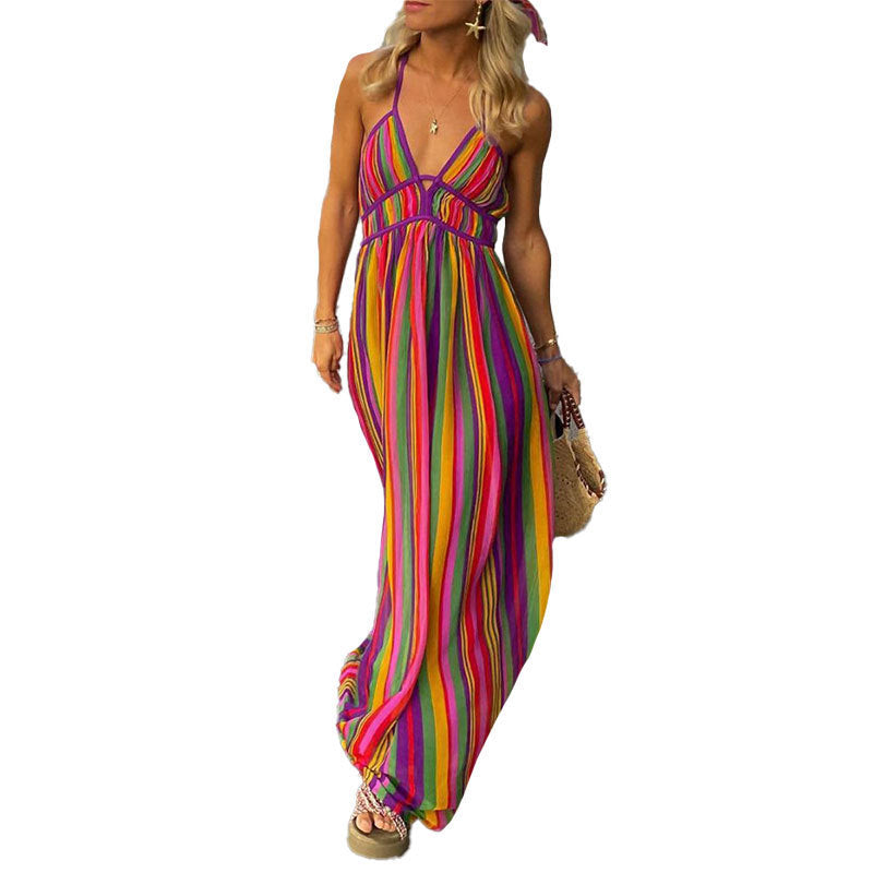 Robe longue à rayures et imprimé dos nu pour femme, épaules dénudées, col en V, sans manches, style bohème, tenue d'été pour la plage et les vacances