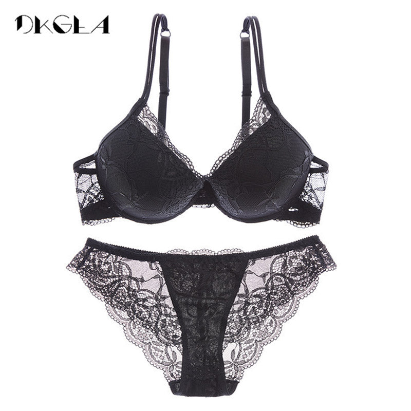 Ensemble de sous-vêtements en coton épais pour femmes, soutien-gorge super froncé, soutien-gorge sexy noir, culotte, lingerie en dentelle, bonnets A, B et C, soutien-gorge push-up