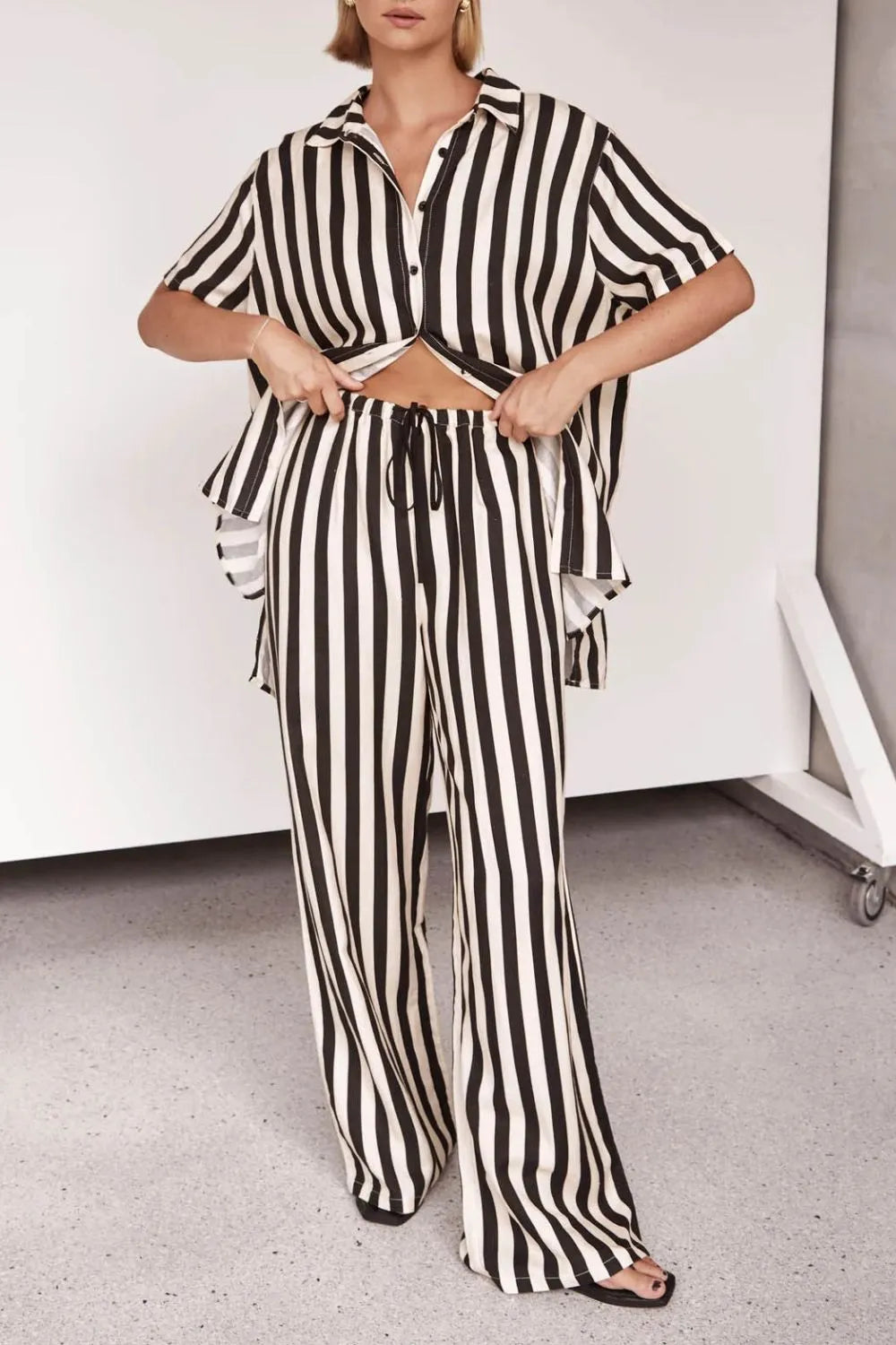 Striped Collared Neck Half Sleeve Top and Pants Set