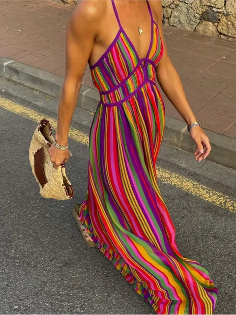 Robe longue à rayures et imprimé dos nu pour femme, épaules dénudées, col en V, sans manches, style bohème, tenue d'été pour la plage et les vacances