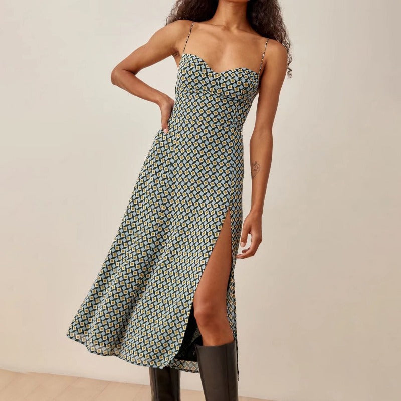 Robe mi-longue romantique à imprimé géométrique bleu, bretelles spaghetti, style rétro, laçage, fente latérale, robe de vacances