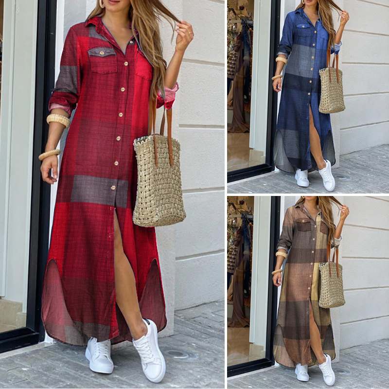 Robe à manches longues à carreaux, robe longue de plage, robe d'été élégante pour femmes, robe chemise longue boutonnée