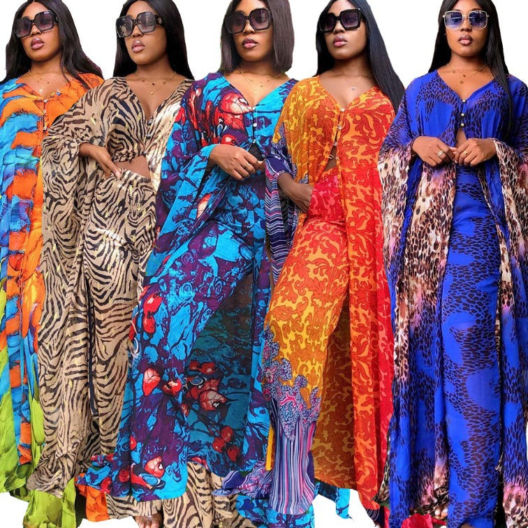 Ensemble deux pièces cardigan en mousseline de soie et pantalon ample, robe africaine